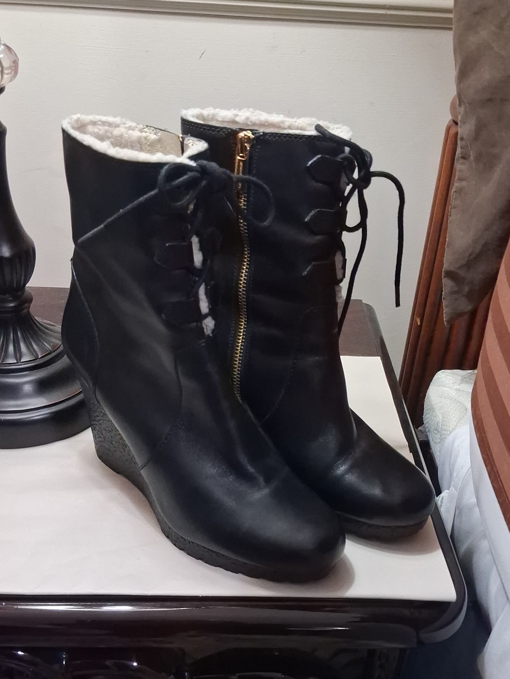 MICHAEL Michael Kors Black Lace-Up Wedge Ankle Boots with Faux Shearling